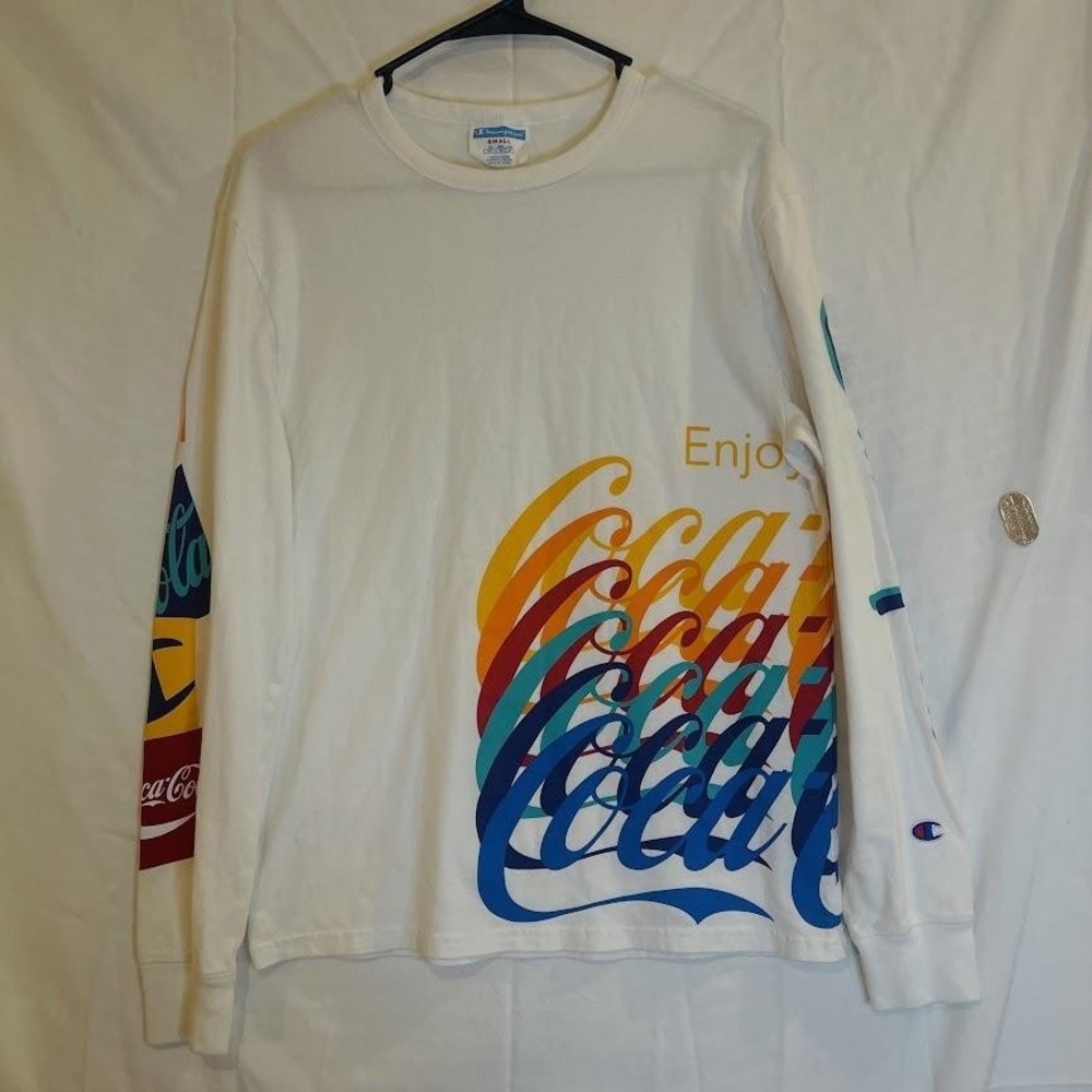 Champion Coca-Cola Shirt Mens‎ Small White Long Sleeve Graphic Enjoy Logo Collab